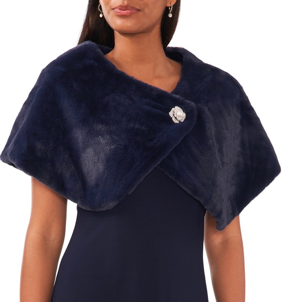 Faux Fur Shrug with crystal and pearl brooch closure